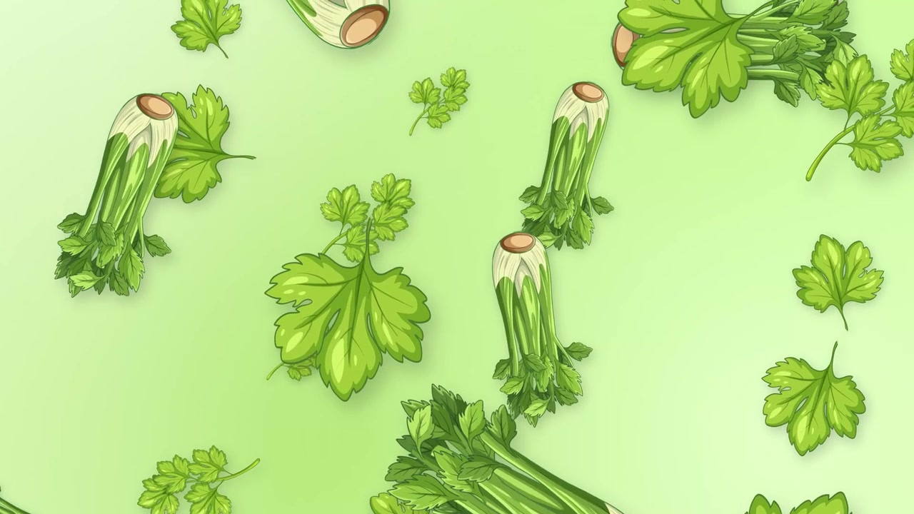 Graphic animation of fresh celery stalks and parsley leaves falling over a green gradient background.