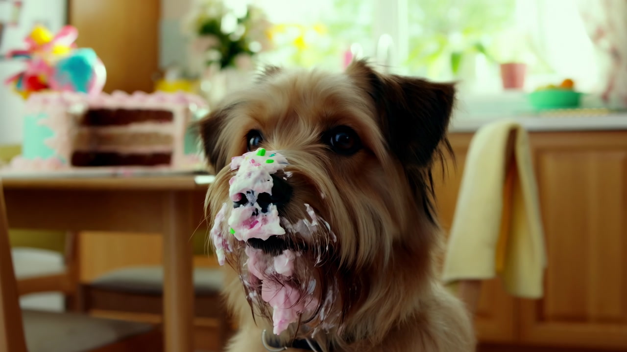 Dog With Cake Covered Face In Kitchen, Playful Pet Birthday Mishap, Frosting Smeared Across Muzzle, Licking