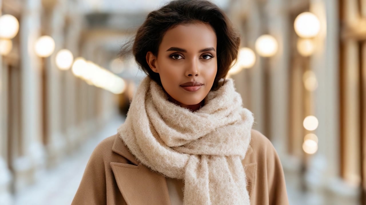 Una modella sofisticata emana eleganza con una sciarpa accogliente in un passaggio architettonico splendidamente illuminato, catturando l'essenza della moda e dello stile moderno.