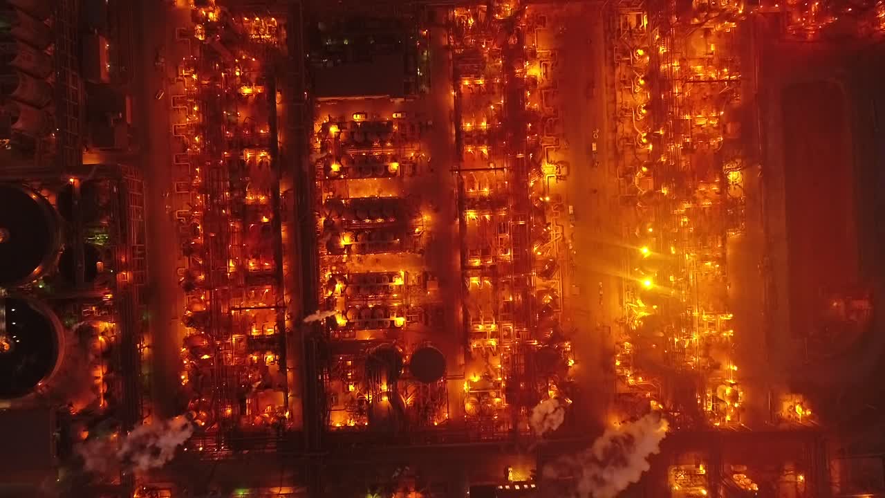 밤에 금속 공장 드론 탑다운 샷