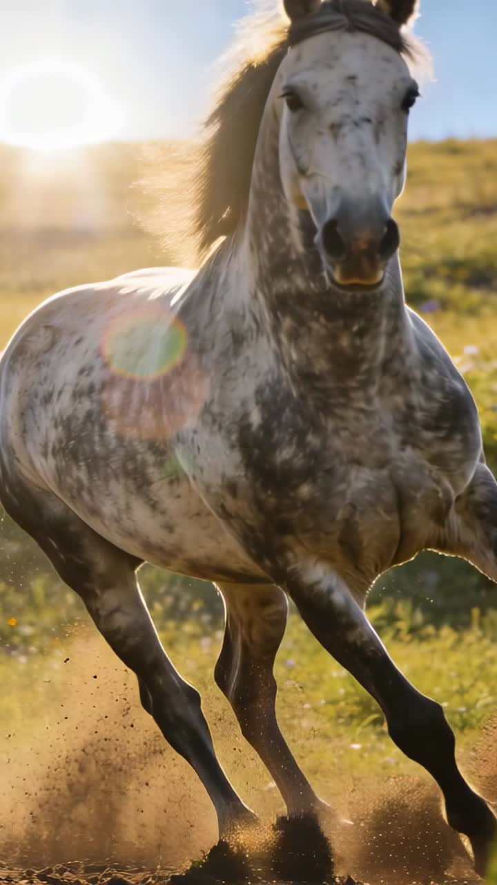 Video verticale: Cavallo grigio pomellato che galoppa su per la collina mentre il sole basso ne retroillumina la criniera, sollevando polvere.
