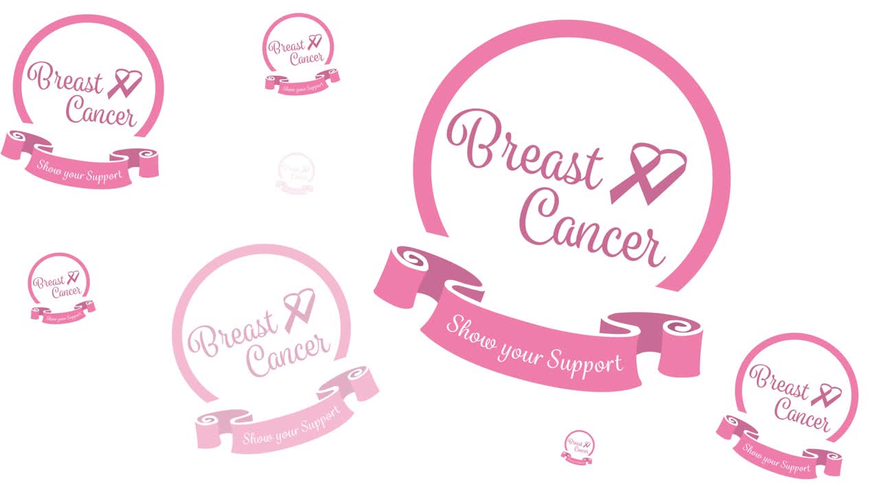 ⁇ 색 배경에 나타나는 여러 개의 분홍색 리본 로고와 유방암 텍스트의 애니메이션