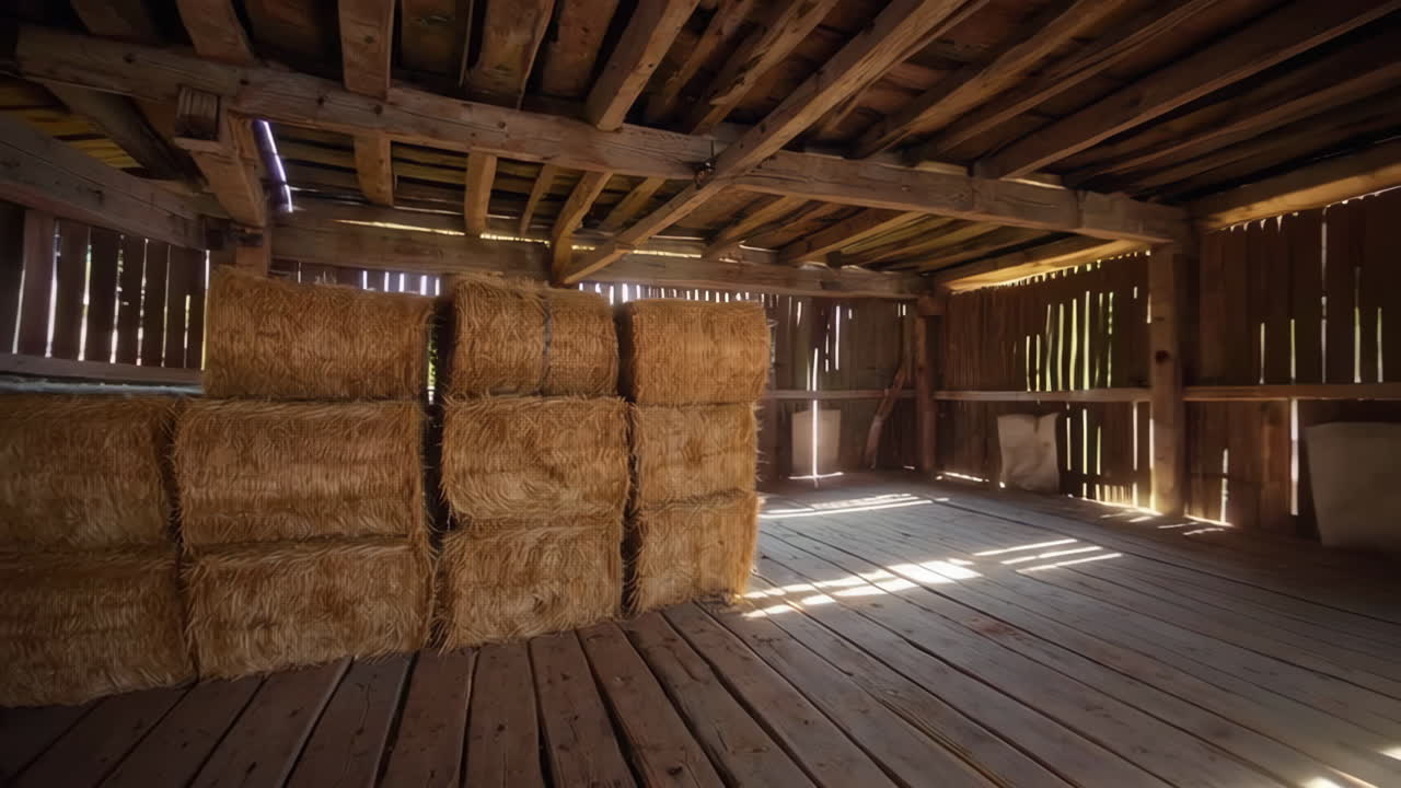 Sunlight Streaming Through a Rustic Wooden Barn Filled with Hay