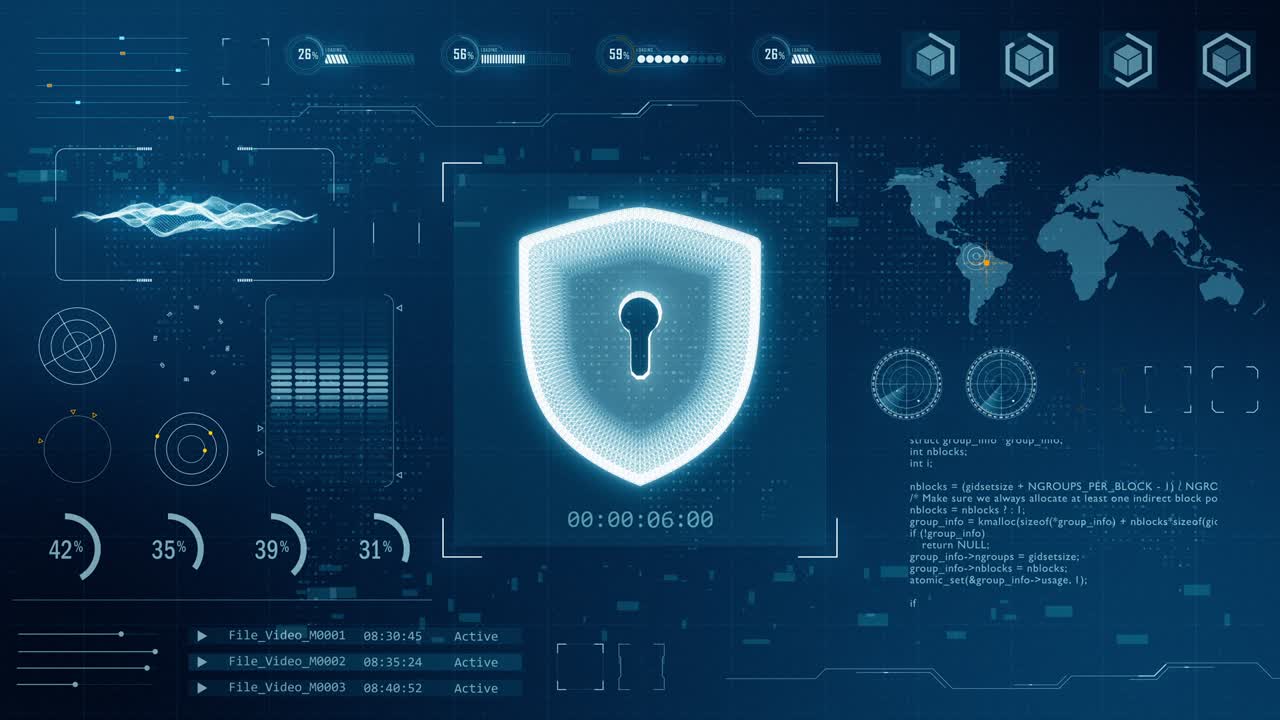 Motion graphic of Blue digital 3D shield logo with head up display ( HUD ) background and futuristic technology abstract background network security concept