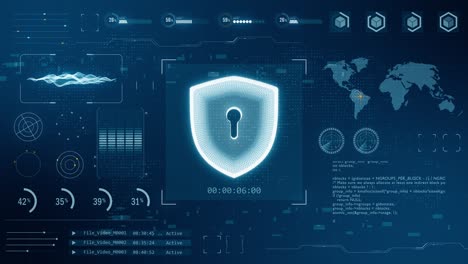 motion graphic of blue digital 3d shield logo with head up display ( hud ) background and futuristic technology abstract background network security concept