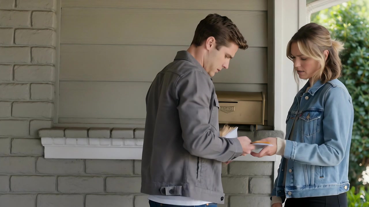 Opening porch mailbox man reaching in and handing envelopes to woman in denim jacket, sorting mail