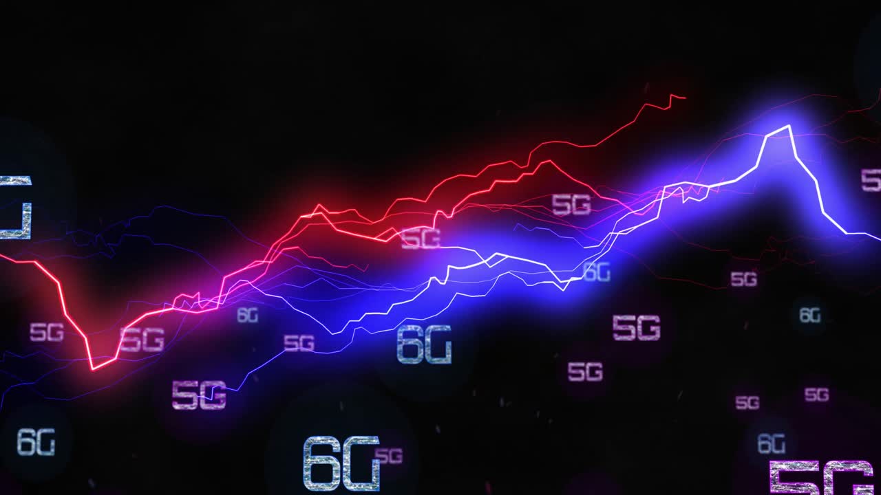 5g 및 6g 텍스트 네트워크의 애니메이션은 검은색 배경에 반이는 빛의 흔적 위에 있습니다.