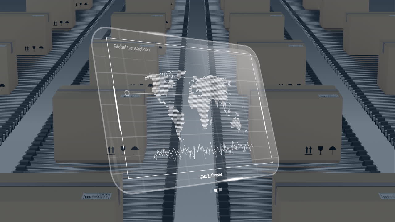 animación del procesamiento de datos en pantalla sobre cajas de cartón