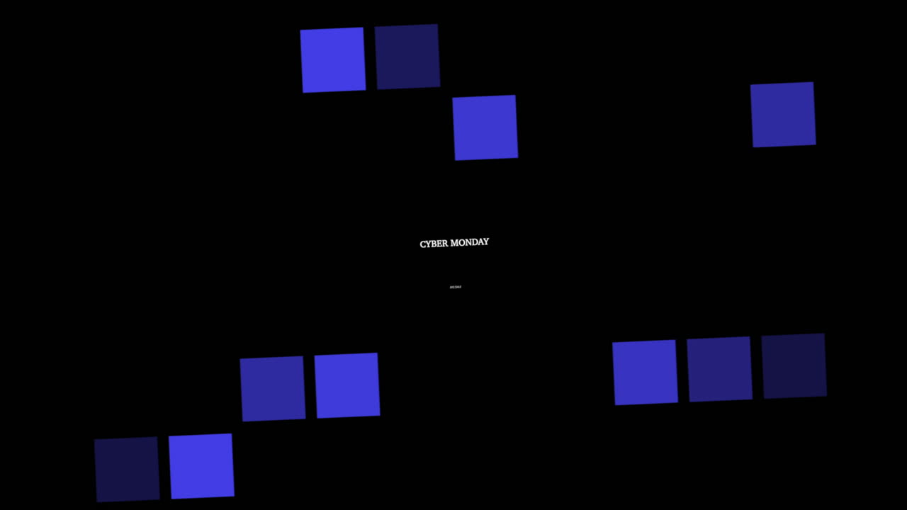 블랙 그라디언트에 파란 사각형이 있는 현대 사이버 월요일 텍스트