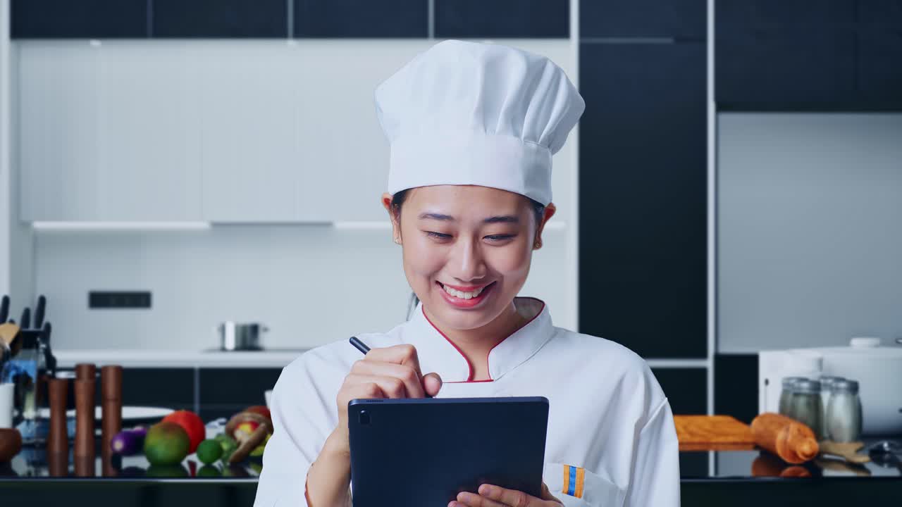chef trabajando en una tableta digital en una cocina moderna