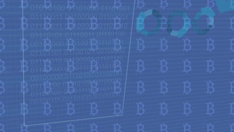 animation of financial data processing over bitcoin symbols on blue background