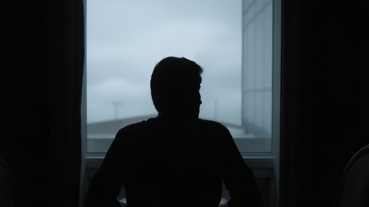 Turning head seated man silhouette in long-sleeve shirt, drawing gaze to bright window and curtains