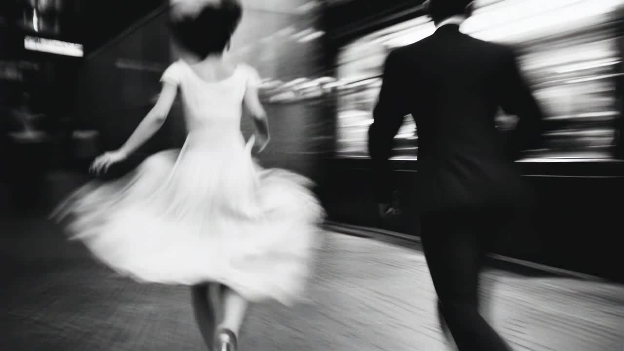 A black and white video captures a bride and groom running in motion blur, evoking a sense
