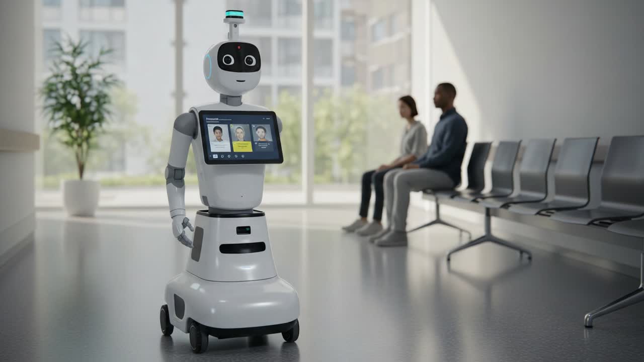 Humanoid Robot Assistant with Interactive Display Providing Support in a Modern Waiting Room Environment During a Busy Day in a Healthcare Facility