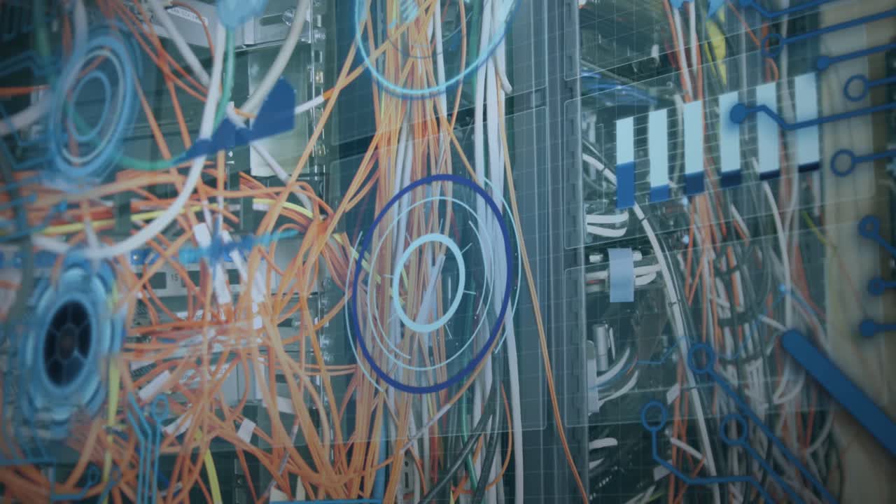 animación del procesamiento de datos a través de cables de servidor de computadora