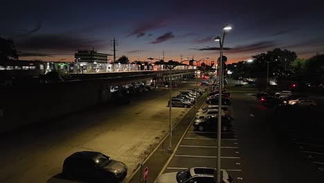 An-aerial-view-of-a-Long-Island-Railroad-train-station-at-sunrise