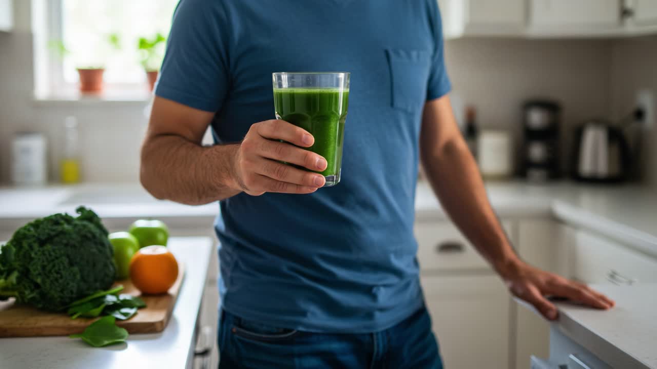 A Man Enjoying a Fresh Green Smoothie in His Bright Kitchen, Surrounded by Fresh Produce, Rejuvenating His Health with Every Sip