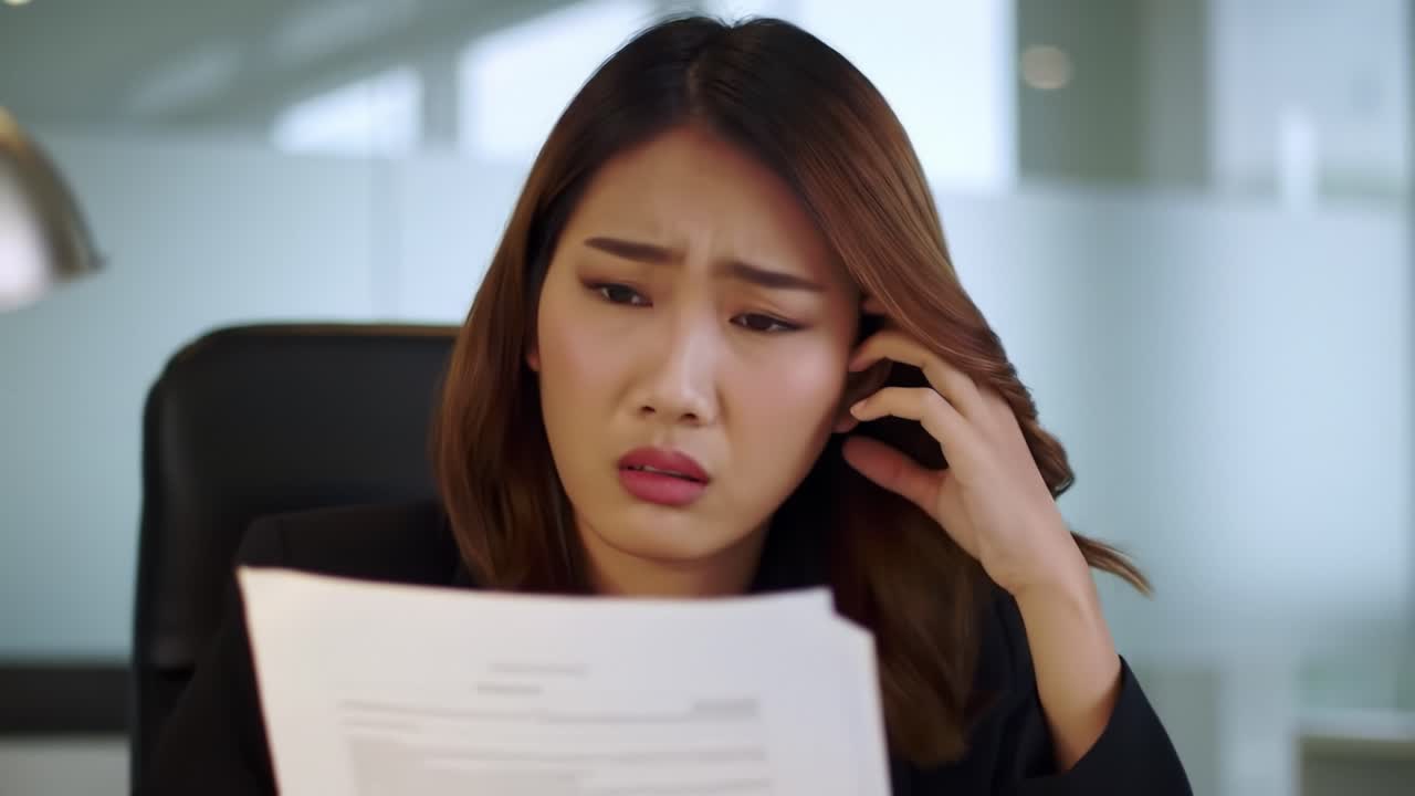 A woman is sitting in a stylish office chair, deeply focused on a document in her hand. Her facial expression shows confusion as she tries to comprehend the contents.