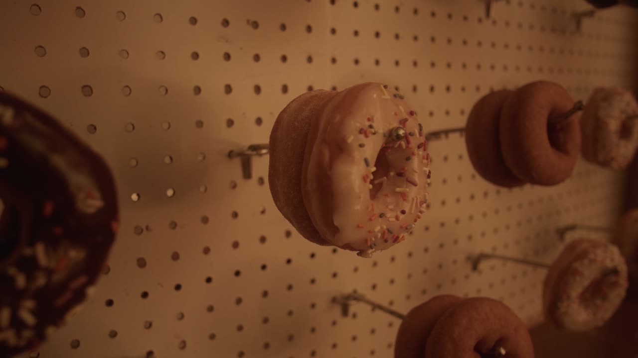 hermosa fiesta de bodas donuts decoración de pared pantalla colgante primer plano dolly derecha