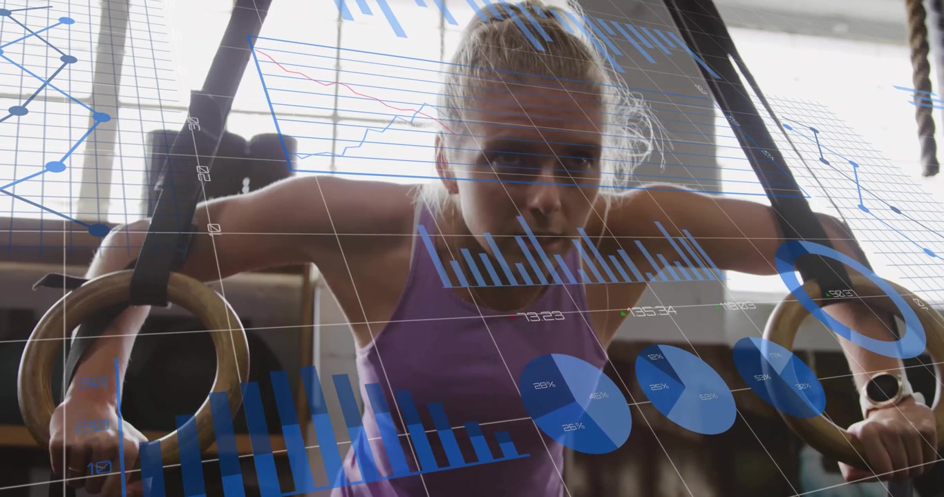 Atleta che afferra gli anelli, esegue dip in palestra, con grafiche animate che monitorano ripetizioni e forza.