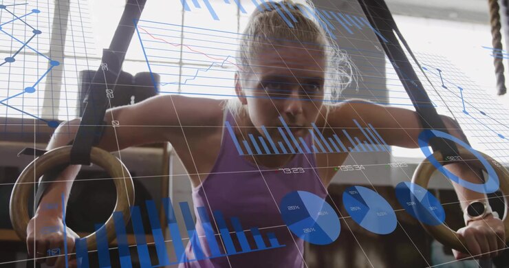 Atleta che afferra gli anelli, esegue dip in palestra, con grafiche animate che monitorano ripetizioni e forza.