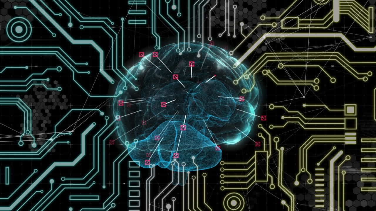 Animation of glowing human brain with digital interface computer circuitboard