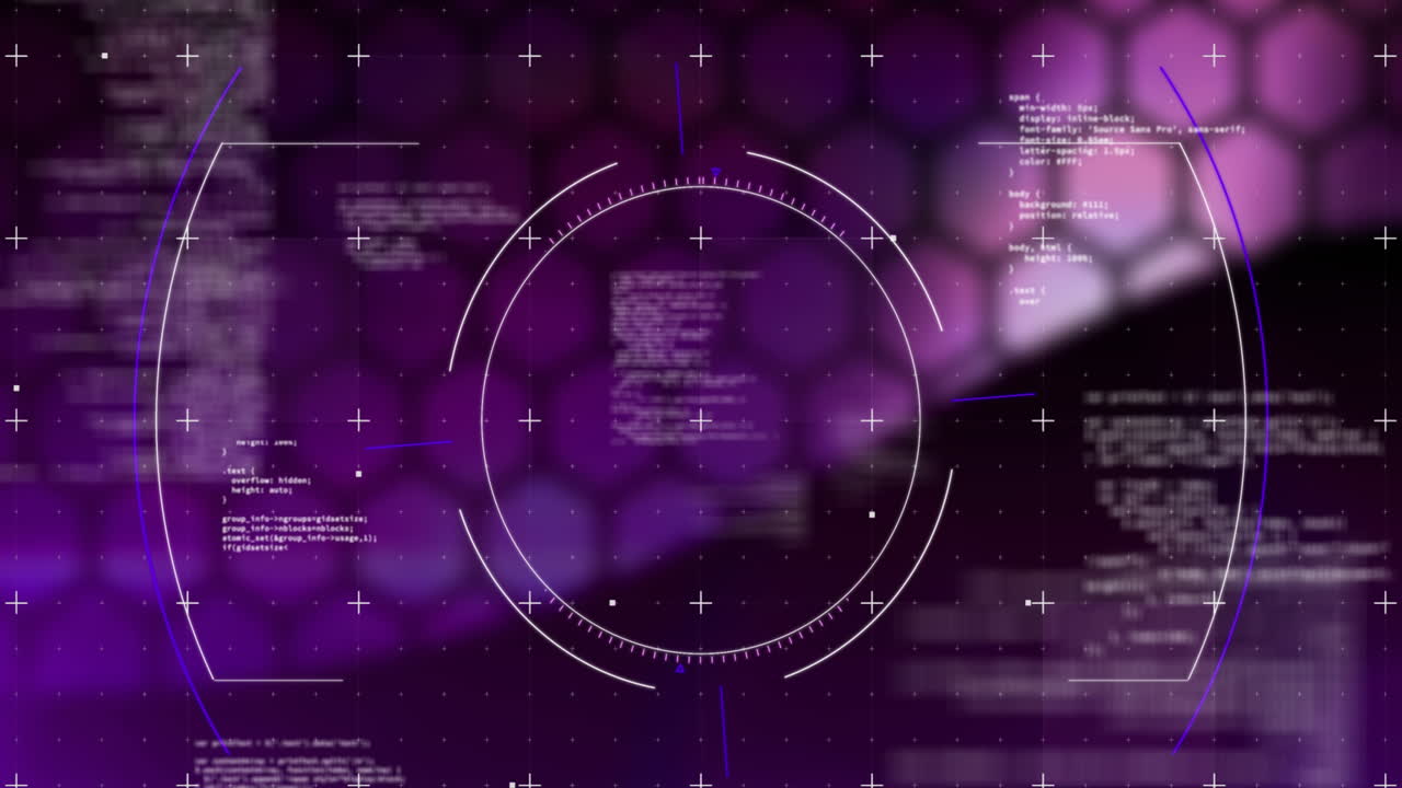 Animation of data processing and scope scanning on pink and black background