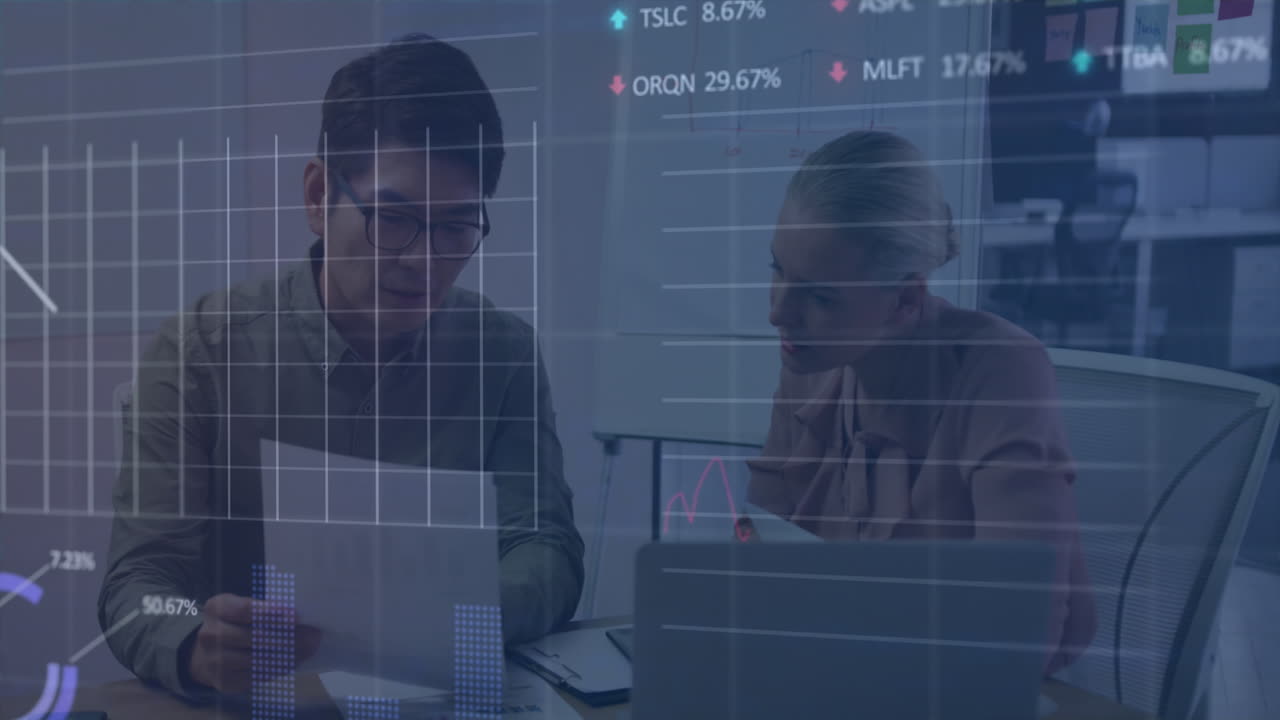 Animation of stock market data processing against diverse man and woman discussing at office
