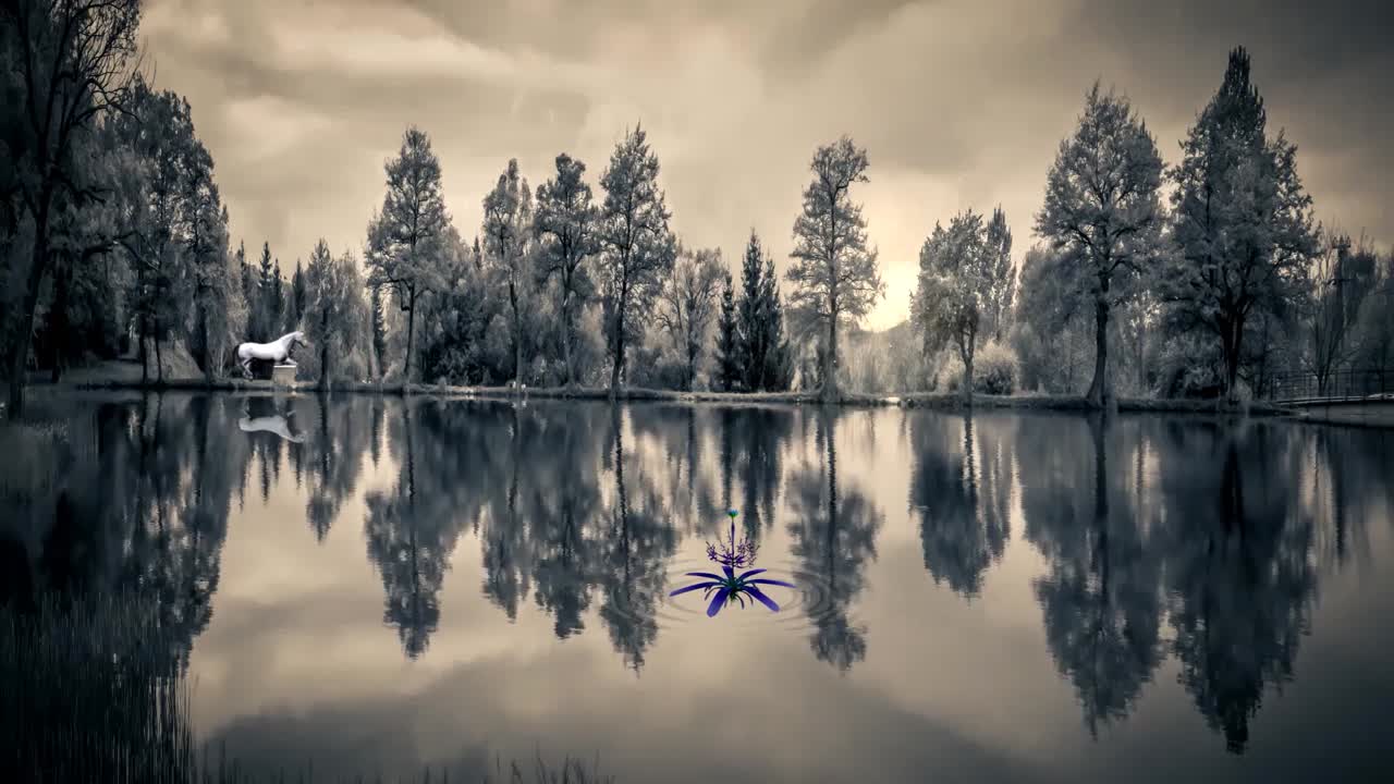 A beautiful autumn scene with a white horse passing by a calm lake with its image reflected in the water. In the distance a blue flower floats gently on the lake.