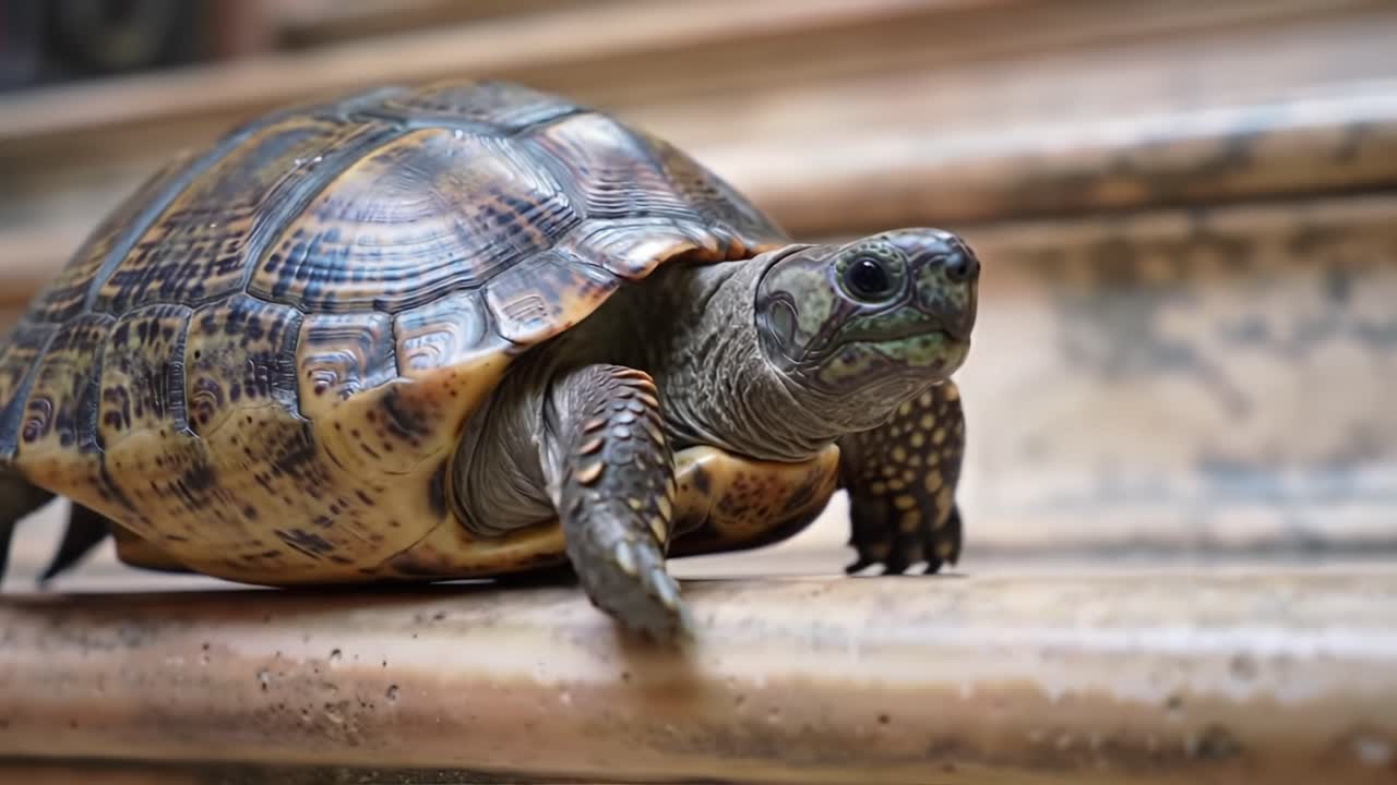 A Close-Up View of a Turtle Climbing on a Decorative Surface, Showcasing Its Unique Shell Patterns and Texture in a Detailed Natural Setting
