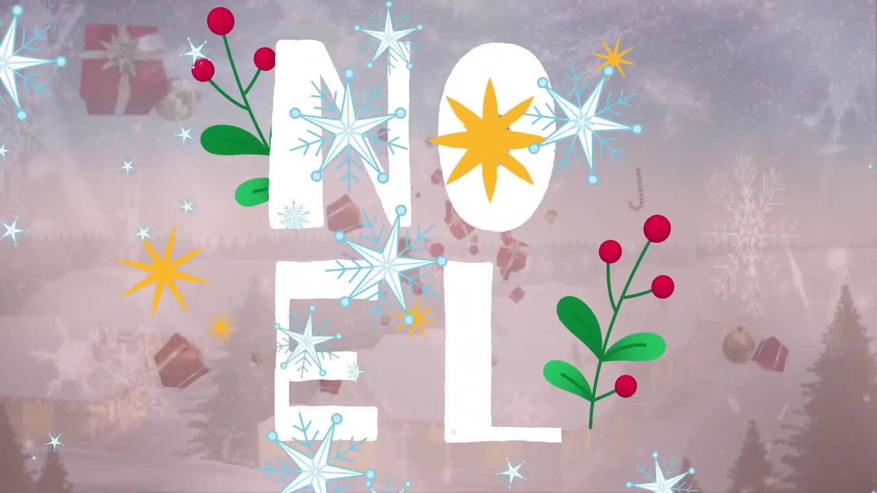 animación de copos de nieve y regalos de navidad que caen sobre la pancarta de texto de noel contra el paisaje de invierno.