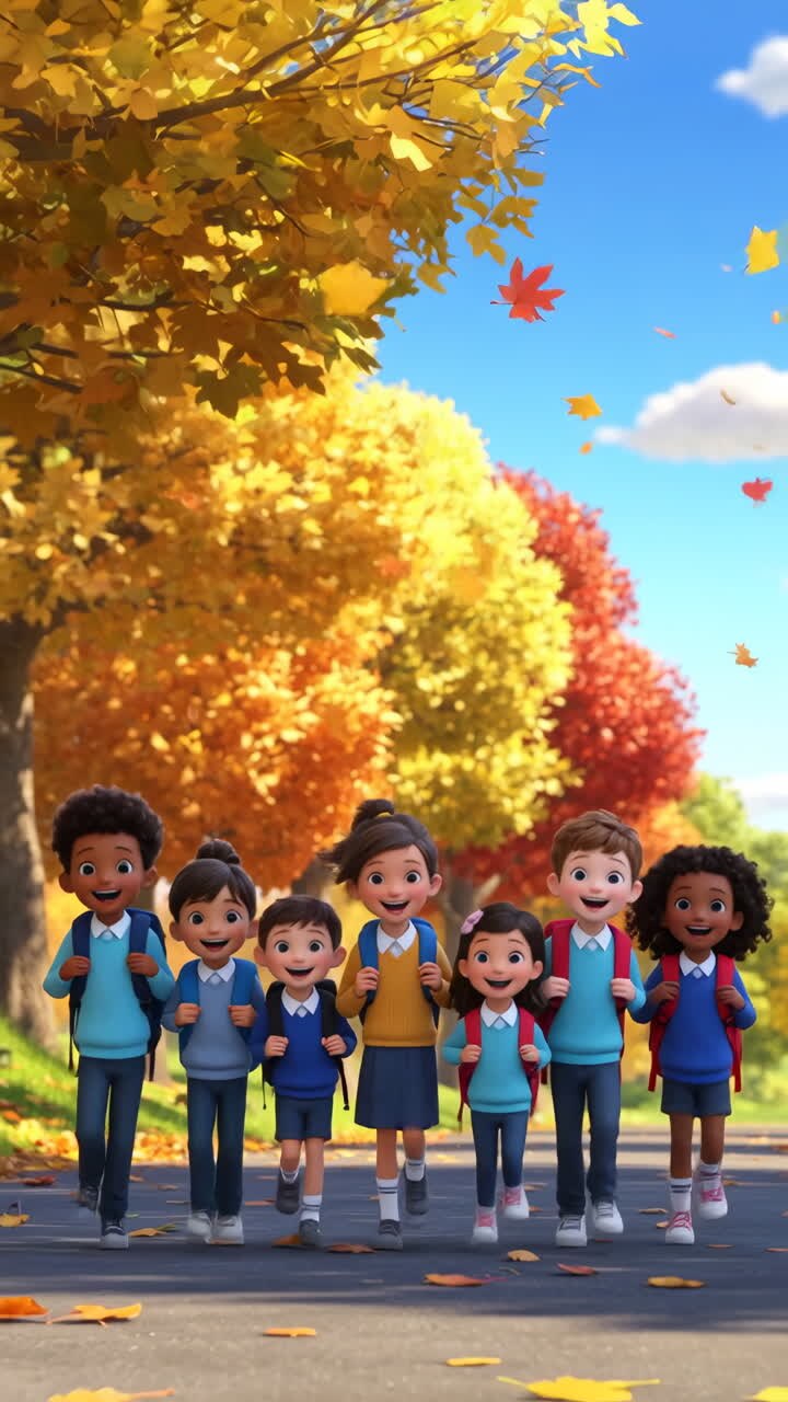 Cartoon Children Walking to School in Autumn