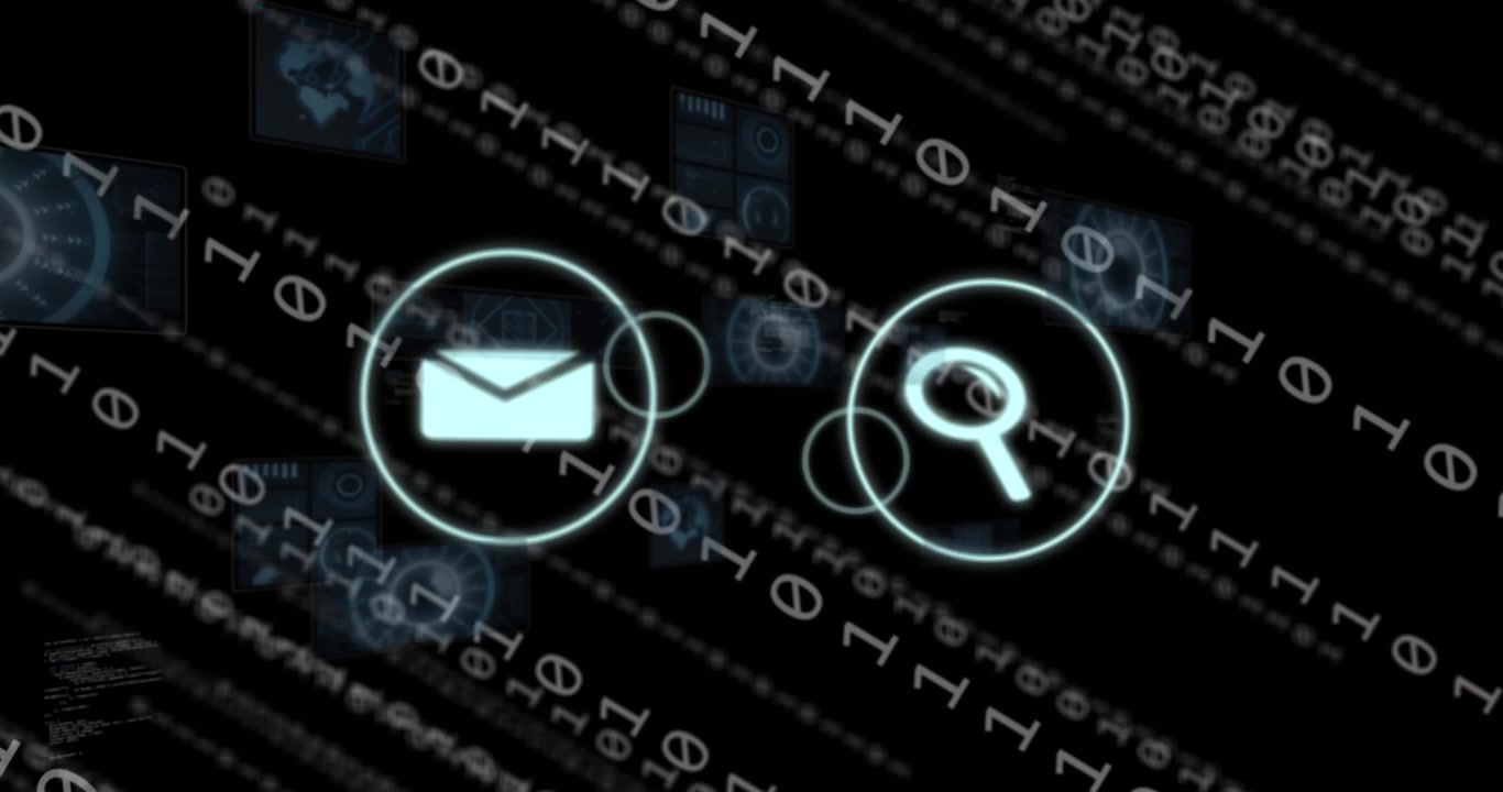 Animation of icons, binary codes, radars, globes and computer language over black background