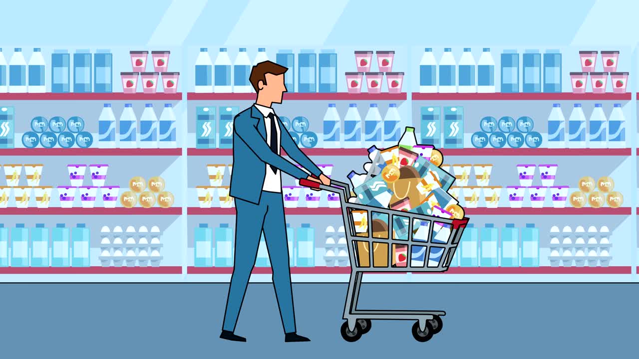 평평한 만화 사업가 캐릭터 은 완전한 쇼핑 카트 애니메이션으로 제공됩니다.