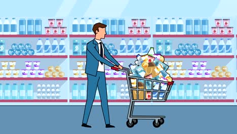 el personaje de los dibujos animados flat businessman walk viene con una animación completa del carrito de compras.