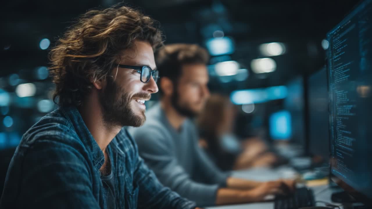 Focused Programmer Smiling While Coding in a Dimly Lit Office Environment, Surrounded by Colleagues Engaged in Software Development Tasks with Multiple Computer Screens