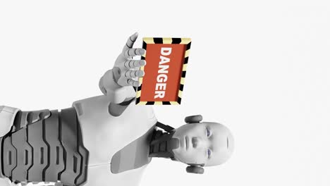 artificial intelligence robot prototype humanoid cyborg holding danger sign on his palm hand warning the humanity society from taking over in futuristic scenario 3d rendering animation