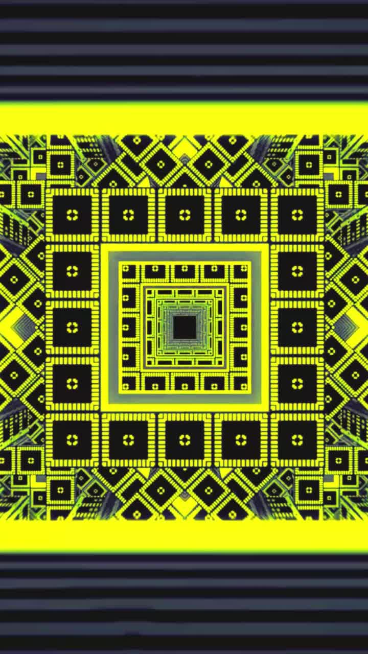 Tunnel digitale ipnotico di quadrati giallo neon