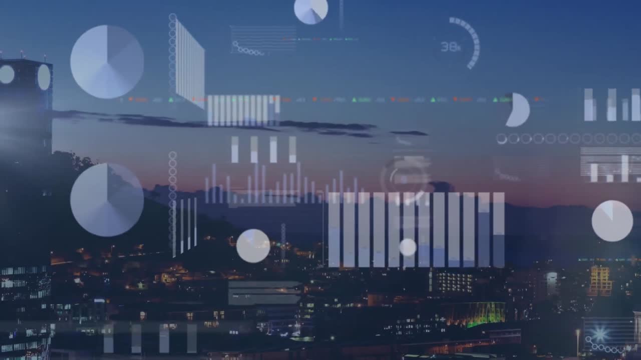 Animation of data processing over cityscape