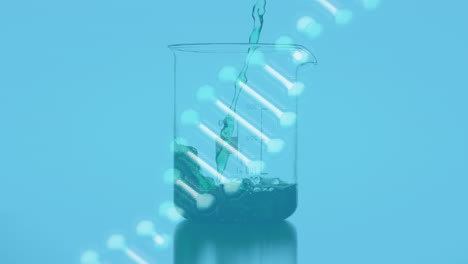 animación de una cadena de adn girando sobre un vaso de laboratorio con líquido sobre un fondo azul