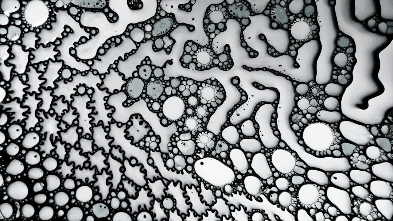 Abstract macro shot of black and white liquid patterns forming intricate organic textures