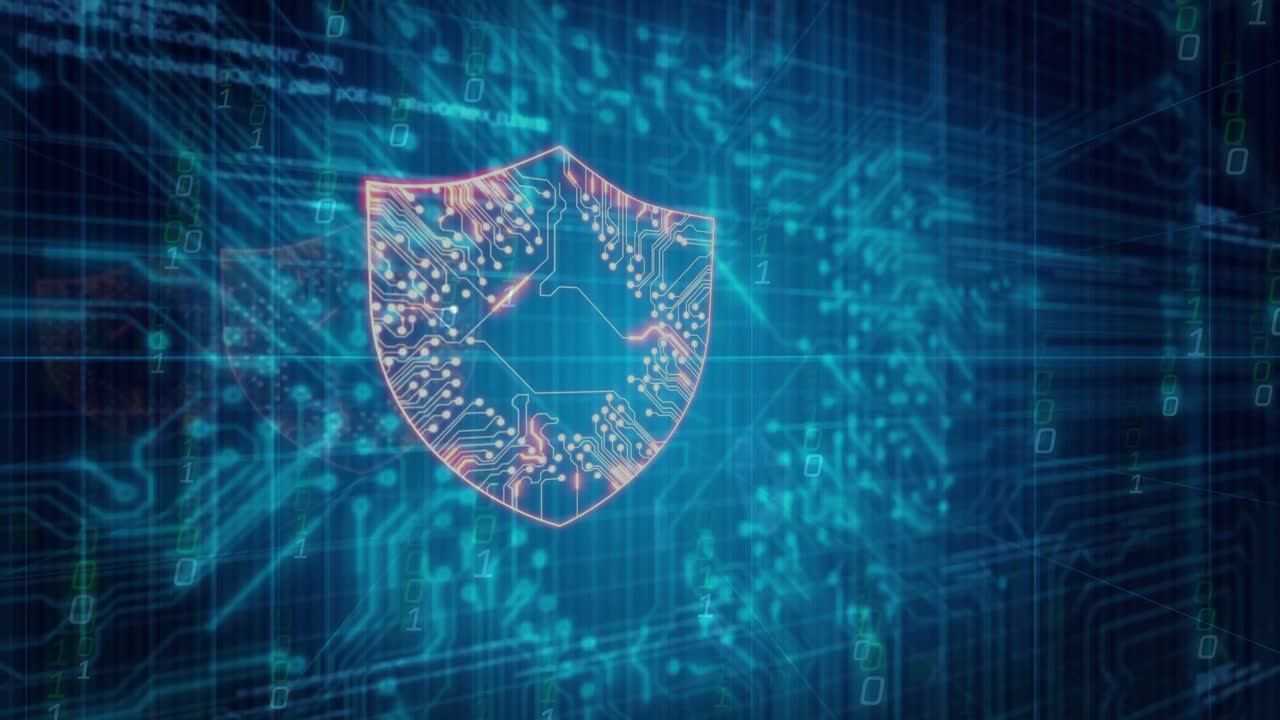 Digital shield icon glowing at center of network grid, with floating binary digits and light beam