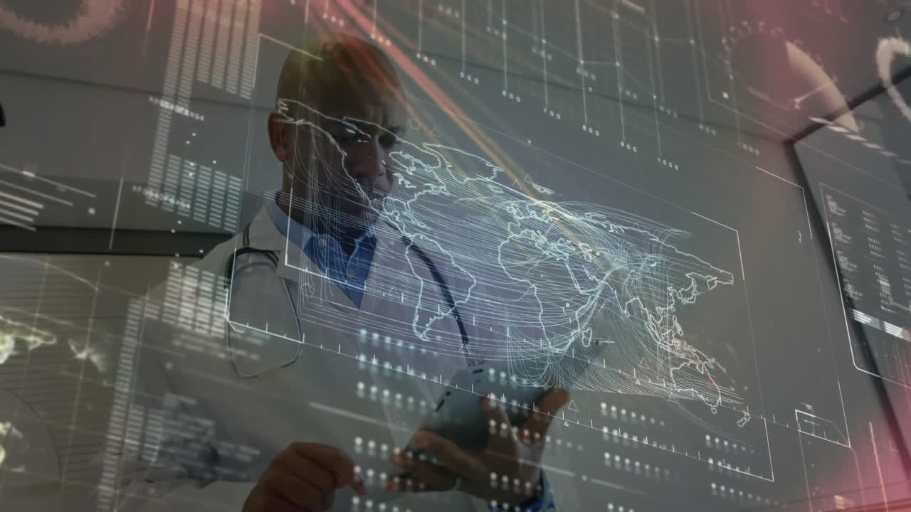 Male doctor interacting with tablet in medical lab displaying holographic world map chart overlay