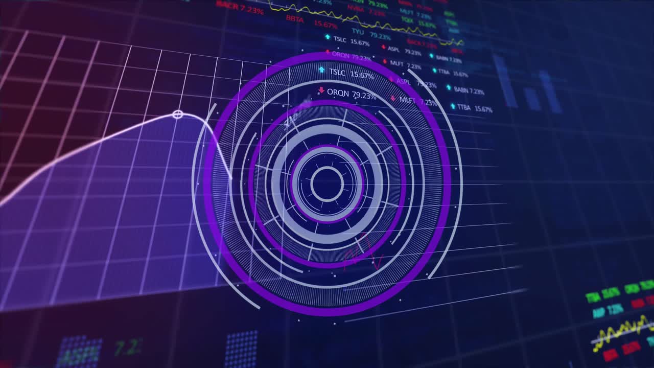 Animation of round scanner over stock market data processing against blue background