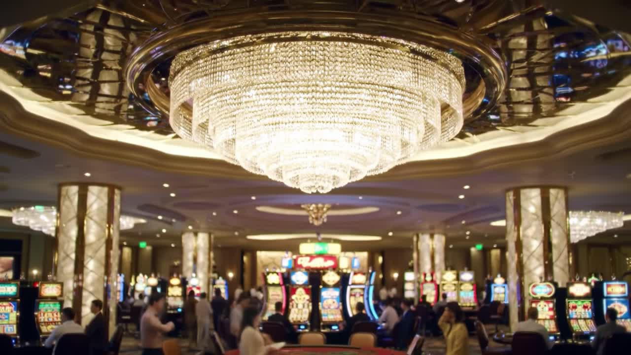 A Vibrant Casino Interior Showcasing a Stunning Chandelier and Engaging Slot Machines, Capturing the Essence of Entertainment and Excitement