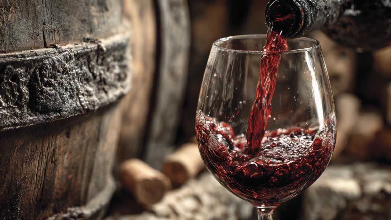 Sirviendo vino tinto intenso en una copa, capturando la esencia de los viñedos y la crianza en barrica en un entorno rústico con luz natural