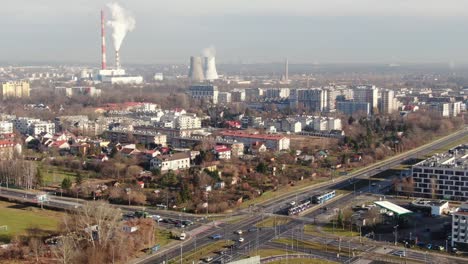 suburbs of krakow poland and thermal power plant, aerial view