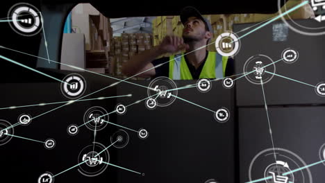 Animation-Eines-Netzwerks-Von-Verbindungen-über-Einem-Lächelnden-Kaukasischen-Liefermann-Mit-Kisten-Im-Lieferwagen