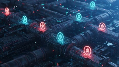 a futuristic network of nodes: exploring the intricate design of a high-tech system with iconic emblems glowing in cybernetic hues