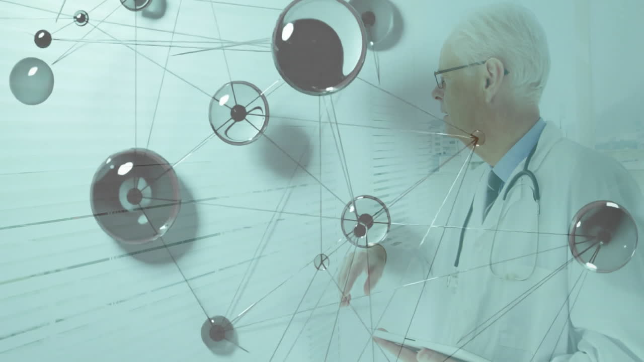 Doctor using animation for digital network connections and data visualization